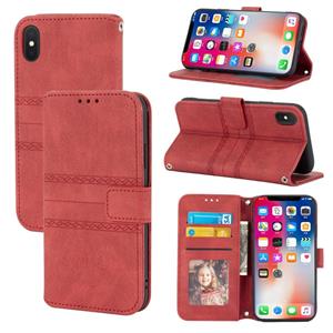 huismerk In reliëf gestreepte magnetische gesp PU + TPU horizontale flip lederen tas met houder & kaart slot & portemonnee en fotolijst & sling voor iPhone XS