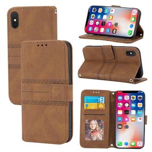 huismerk In reliëf gestreepte magnetische gesp PU + TPU horizontale flip lederen tas met houder & kaart slot & portemonnee en fotolijst & sling voor iPhone XS