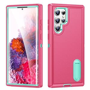 huismerk Voor Samsung Galaxy S22 Ultra 5G 3 in 1 Rugged Holder Phone Case (Pink + Blue)