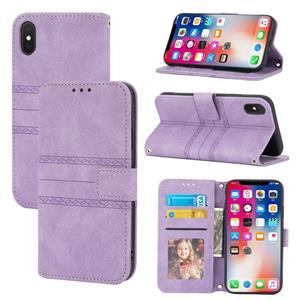 huismerk Reliëf gestreepte magnetische gesp PU + TPU horizontale flip lederen geval met houder kaartsleuf portemonnee fotolijst & sling voor iPhone XS M