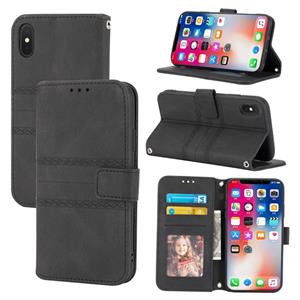 huismerk Reliëf gestreepte magnetische gesp PU + TPU horizontale flip lederen tas met houder & kaart slot & portemonnee en fotolijst & slinger voor iPhone XS