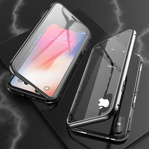 huismerk Voor iPhone XS Max Ultra Slim Dubbele zijkanten Magnetische Adsorption Hoekige Frame Tempered Glass Magnet Flip Case (Zwart)