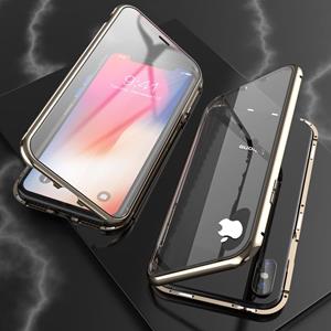 huismerk Voor iPhone XS Max Ultra Slim Dubbele zijkanten Magnetische Adsorption Hoekige Frame Tempered Glass Magnet Flip Case (Brons)