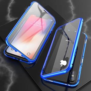 huismerk Voor iPhone XS Max Ultra Slim Dubbele zijkanten Magnetische Adsorption Hoekige Frame Tempered Glass Magnet Flip Case (Blauw)