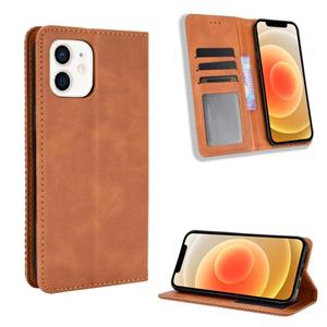 huismerk Magnetic Buckle Retro Patroon Horizontaal Flip Leather Case met Holder & Card Slot & Wallet voor iPhone mini(Bruin)