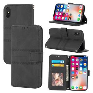 huismerk Reliëf gestreepte magnetische gesp PU + TPU horizontale flip lederen tas met houder & kaart slot & portemonnee en fotolijst & slinger voor iPhone XR