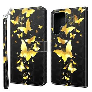 huismerk Voor Samsung Galaxy S22 Ultra 5G 3D-schilderpatroon TPU + PU lederen telefoonhoes (gouden vlinder)