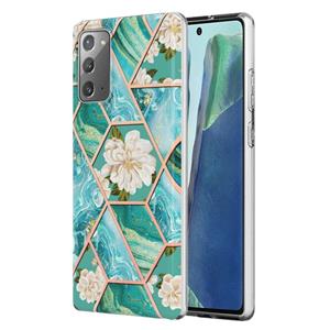 huismerk Voor Samsung Galaxy Note20 Electroplating Splicing Marmeren Bloem TPU Telefoonhoes (Blauwe Bloem)