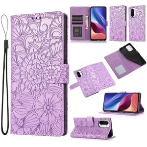 huismerk Voor Xiaomi Redmi K40 / K40 PRO / POCO F3 Skin Feel Reliëf Zonnebloem Horizontale Flip Lederen Case Met Houder & Card Slots & Wallet & Lanyard (Purpl