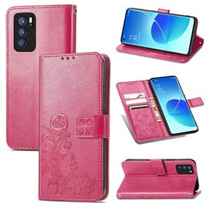 azns For OPPO Reno6 Pro Four-leaf Clasp Embossed Buckle Mobile Phone Protection Leather Case with Lanyard & Card Slot & Wallet & Bracket Function(Magenta)