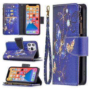 huismerk Gekleurde tekening patroon rits horizontale flip lederen tas met houder & kaart slots & portefeuille voor iphone 13 mini (paarse vlinder)