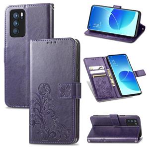 azns For OPPO Reno6 Pro Four-leaf Clasp Embossed Buckle Mobile Phone Protection Leather Case with Lanyard & Card Slot & Wallet & Bracket Function(Purple)