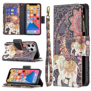 huismerk Gekleurde tekening patroon rits horizontale flip lederen tas met houder & kaart slots & portemonnee voor iphone 13 mini (bloem olifanten)