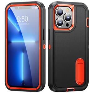 huismerk 3 in 1 Rugged houder Telefooncase voor iPhone 13 Pro Max (zwart + oranje)