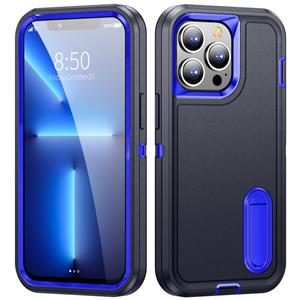 huismerk 3 in 1 robuuste houder telefooncase voor iPhone 13 pro max (donkerblauw + saffierblauw)