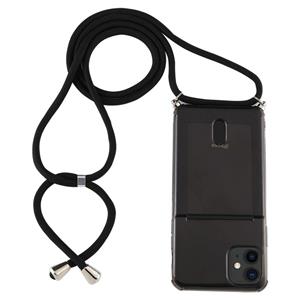 huismerk Voor iPhone 12 Transparante TPU beschermhoes met Lanyard & Card Slot(Zwart)