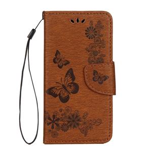 huismerk iPhone X horizontaal Bloemen en vlinders patroon PU leren Flip Hoesje met draagriem houder en opbergruimte voor pinpassen & geld (bruin)