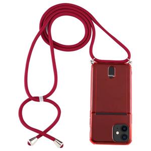 huismerk Voor iPhone 12 mini Transparante TPU beschermhoes met Lanyard & Card Slot(Rood)