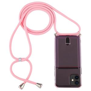 huismerk Voor iPhone 12 Transparante TPU beschermhoes met Lanyard & Card Slot(Roze)