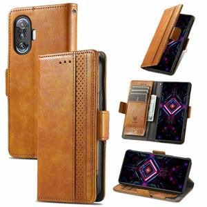 huismerk Voor Xiaomi Redmi K40 Gaming Caseo Business Splicing Dual Magnetic Buckle Horizontale Flip PU Lederen Case met Houder & Card Slots & Portemonnee (Khak