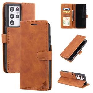 huismerk Voor Samsung Galaxy S21 Ultra 5G Huid Feel Anti-Diefstal Borstel Horizontale Flip Leren Telefoonhoes (Brown)