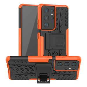 huismerk Voor Samsung Galaxy S21 Ultra 5G-bandstructuur schokbestendige TPU+PC beschermhoes met houder(oranje)