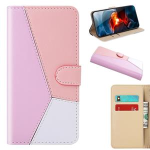 huismerk Voor Samsung Galaxy S22 Ultra 5G Tricolor Stitching Horizontal Flip Leather Telefoon Case (Pink)