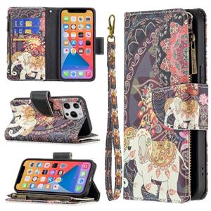 huismerk Gekleurde tekening patroon rits horizontale flip lederen tas met houder & kaart slots & portefeuille voor iphone 13 pro max (bloem olifanten)