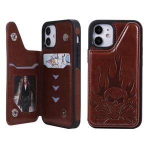 huismerk Skull Head Embossing Pattern Shockproof Protective Case met Holder & Card Slots & Wallet Voor iPhone 12 mini(Brown)