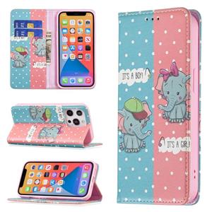 huismerk Gekleurde Tekening Patroon Onzichtbare Magnetische Horizontale Flip PU Lederen Case met Houder & Card Slots & Portemonnee voor iPhone 13 Pro (Elephant