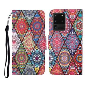 huismerk Voor Samsung Galaxy S20 Ultra gekleurde tekening patroon horizontale flip lederen geval met houder & kaart slots & portemonnee & lanyard (Rhombus Tote