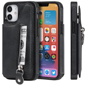 huismerk Solid Color Double Buckle Zipper Shockproof Beschermhoes voor iPhone 12 mini(Zwart)