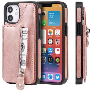 huismerk Solid Color Double Buckle Zipper Shockproof Beschermhoes voor iPhone 12 mini (Rose Gold)