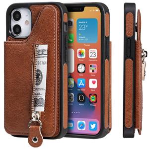 huismerk Solid Color Double Buckle Zipper Shockproof Beschermhoes voor iPhone 12 mini (Bruin)