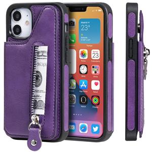 huismerk Solid Color Double Buckle Zipper Shockproof Beschermhoes voor iPhone 12 mini(Paars)