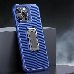 huismerk Koolstofvezel textuur telefoonhoesje met houder voor iPhone 13 pro max (blauw + zwart)