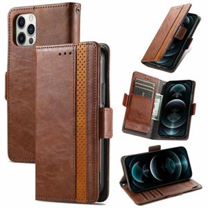 huismerk Caseeno Business Splicing Dual Magnetic Buckle Horizontale Flip PU Lederen Case met Houder & Card Slots & Portemonnee voor iPhone 13 Pro (Brown)