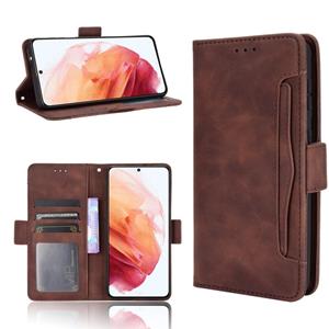 huismerk Voor Samsung Galaxy S21 + 5G Skin Feel Calf Patroon Horizontale Flip Lederen Case met houder & Card Slots & Photo Frame (Bruin)