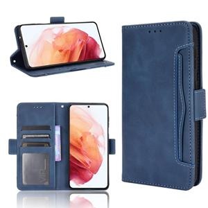 huismerk Voor Samsung Galaxy S21 + 5G Skin Feel Calf Patroon Horizontale Flip Lederen Case met houder & Kaart Slots & Photo Frame (Blauw)