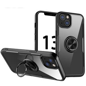 huismerk Shockproof Transparent TPU + Acrylic Protective Case with Ring Holder For iPhone 13(Black)