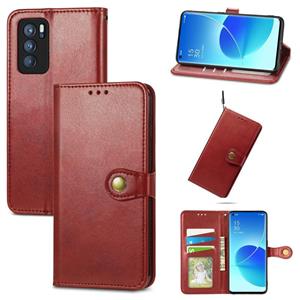 huismerk For OPPO Reno6 Pro Solid Color Leather Buckle Phone Case with Lanyard & Photo Frame & Card Slot & Wallet & Stand Function(Red)