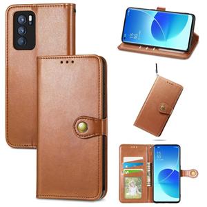 huismerk For OPPO Reno6 Pro Solid Color Leather Buckle Phone Case with Lanyard & Photo Frame & Card Slot & Wallet & Stand Function(Brown)