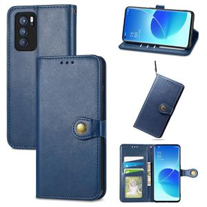 huismerk For OPPO Reno6 Pro Solid Color Leather Buckle Phone Case with Lanyard & Photo Frame & Card Slot & Wallet & Stand Function(Blue)