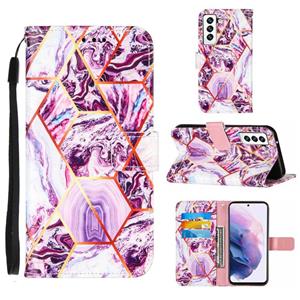 huismerk Voor Samsung Galaxy S22 5G Marmeren Stiksels Horizontale Flip Leren Telefoonhoesje Met Houder & Card Slots & Wallet & Lanyard (Purple)