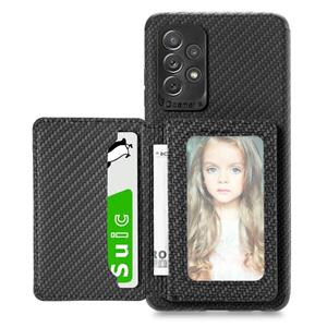 huismerk For Samsung Galaxy A72 5G / 4G Carbon Fiber Magnetic Card Bag TPU+PU Shockproof Back Cover Case with Holder & Card Slot & Photo Frame(Black)