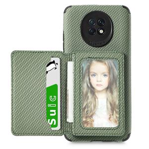 huismerk For Xiaomi Redmi Note 9 5G Carbon Fiber Magnetic Card Bag TPU+PU Shockproof Back Cover Case with Holder & Card Slot & Photo Frame(Green)