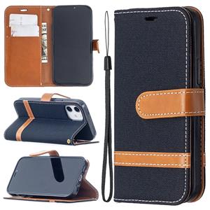 huismerk Voor iPhone 12 Color Matching Denim Texture Horizontale Flip Lederen case met Holder & Card Slots & Wallet & Lanyard(Zwart)