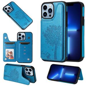 huismerk Cat Tree Embossing Pattern Shockproof Phone Case For iPhone 13 Pro Max(Blue)