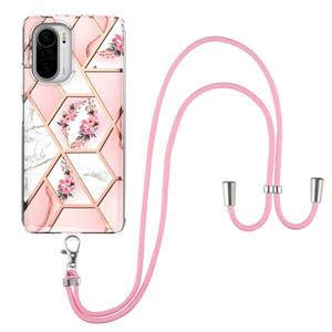 huismerk Voor Xiaomi MI 11I / POCO F3 Electroplating Splicing Marmeren Bloempatroon TPU Schokbestendig Case met Lanyard (Pink Flower)