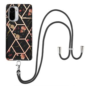 huismerk Voor Xiaomi MI 11I / POCO F3 Electroplating Splicing Marmeren Bloempatroon TPU Schokbestendig Case met Lanyard (Black Flower)